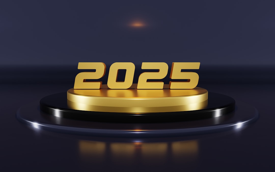 A golden sign that reads 2055 on a black surface