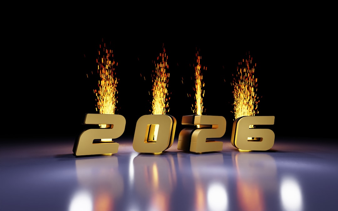 Golden 2026 numerals with fireworks display