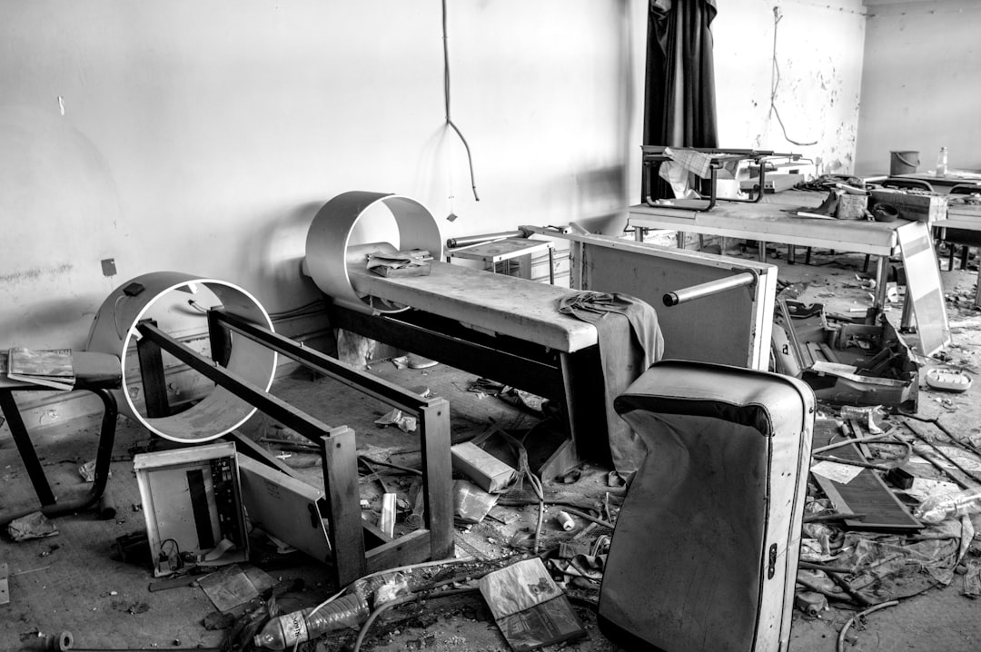 Devastation and destruction inside a ruined space.