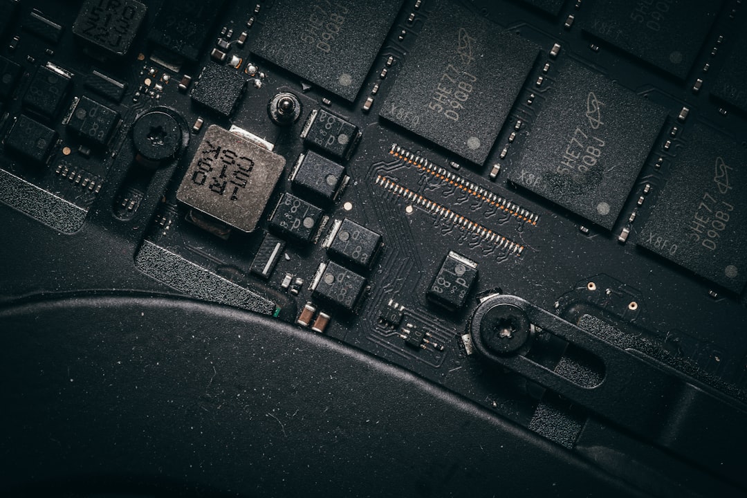 Close-up of a computer motherboard with many components.